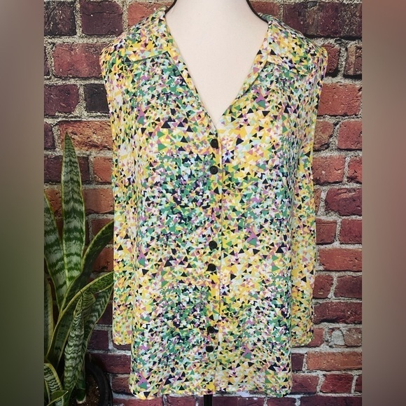 ANTHROPOLOGIE W5 Multi-Color Geometric Sleeveless Button-Up Blouse Top Size L - Picture 2 of 11